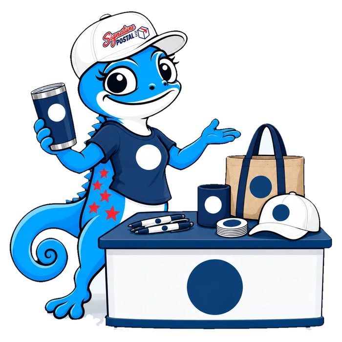 Pixel the chameleon in a branded tee holding a tumbler, with a tote, koozie, pens, cap and stickers on the counter
