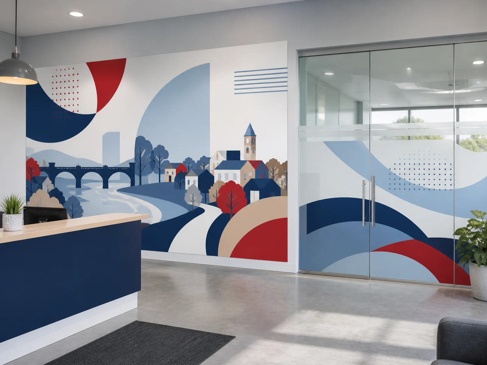 An office lobby with a printed wall mural and frosted glass graphics