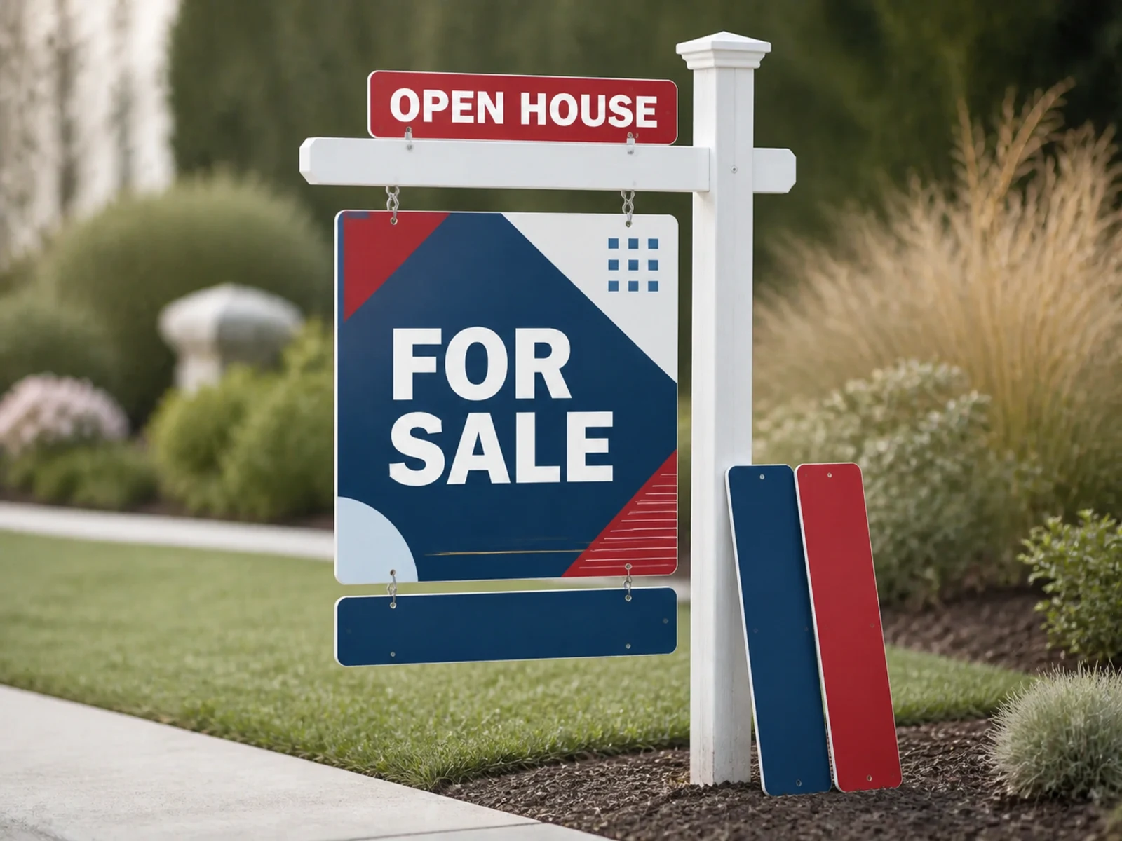 A real estate sign post with a main sign and riders