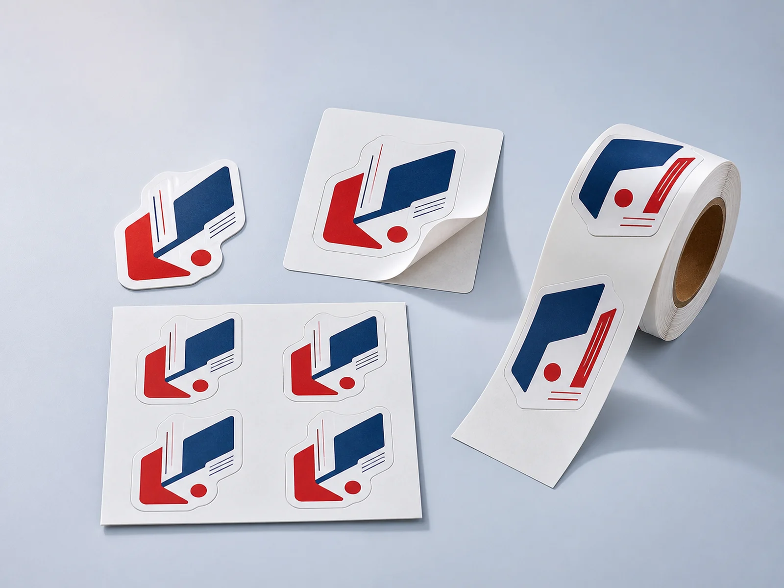 Die cut, kiss cut, sheet, and roll stickers shown side by side