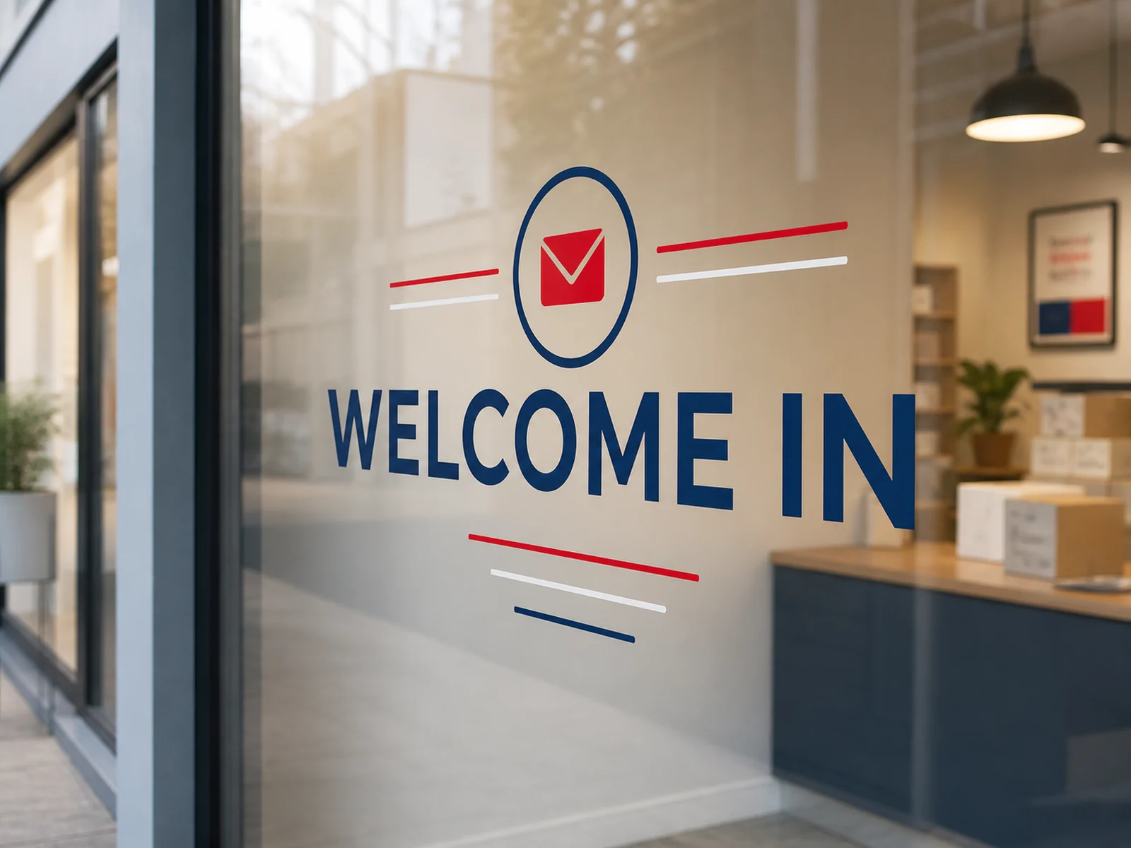 Storefront window lettering with hours and contact information